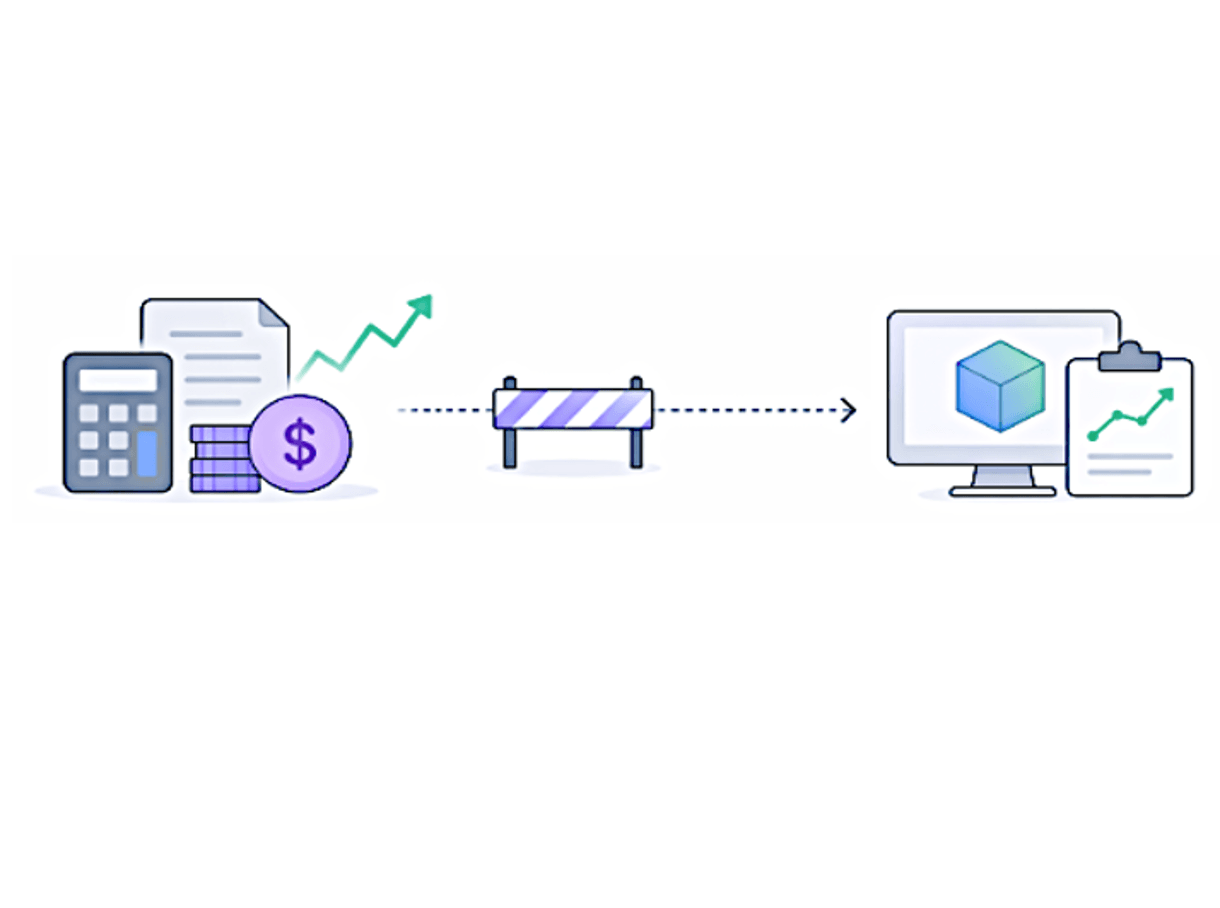 An illustration symbolizing that in-house costs are considered a barrier in the adoption of Modeling and simulation. Images on the right are a dollar sign calculator, coins and a paper document with an upward green arrow like you'd see on a graph or chart. The image in the middle is a barrier like you'd see on a road to block traffic. The images on the right are of a clipboard with a chart and a computer monitor with a 3D blue box.